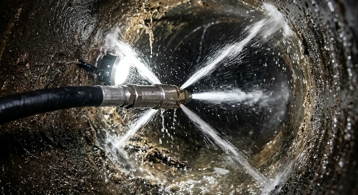 High-pressure hydro jetting nozzle cleaning sewer pipe for Trenchless Sewer Repair in Burrillville