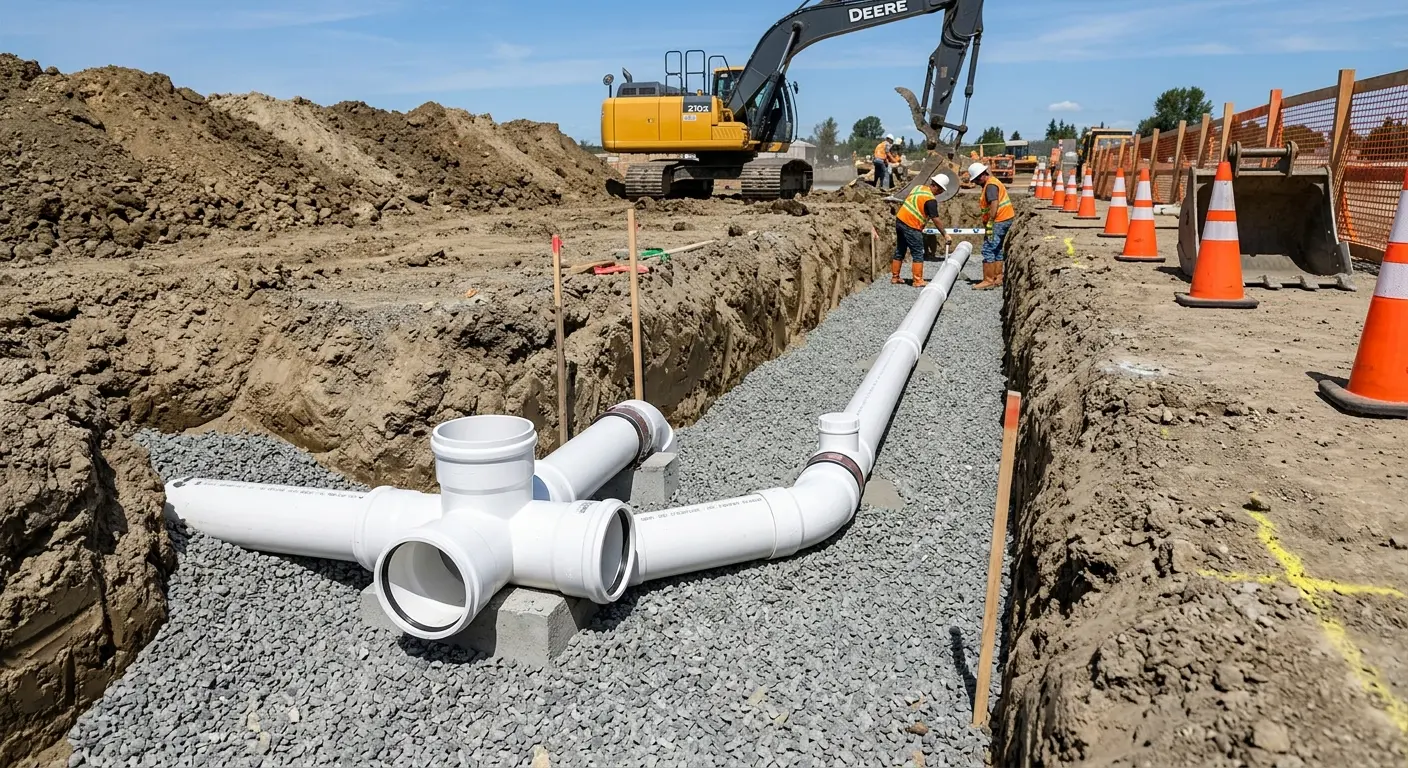 New PVC sewer pipe installation in open trench for Grease Trap Cleaning in Burrillville