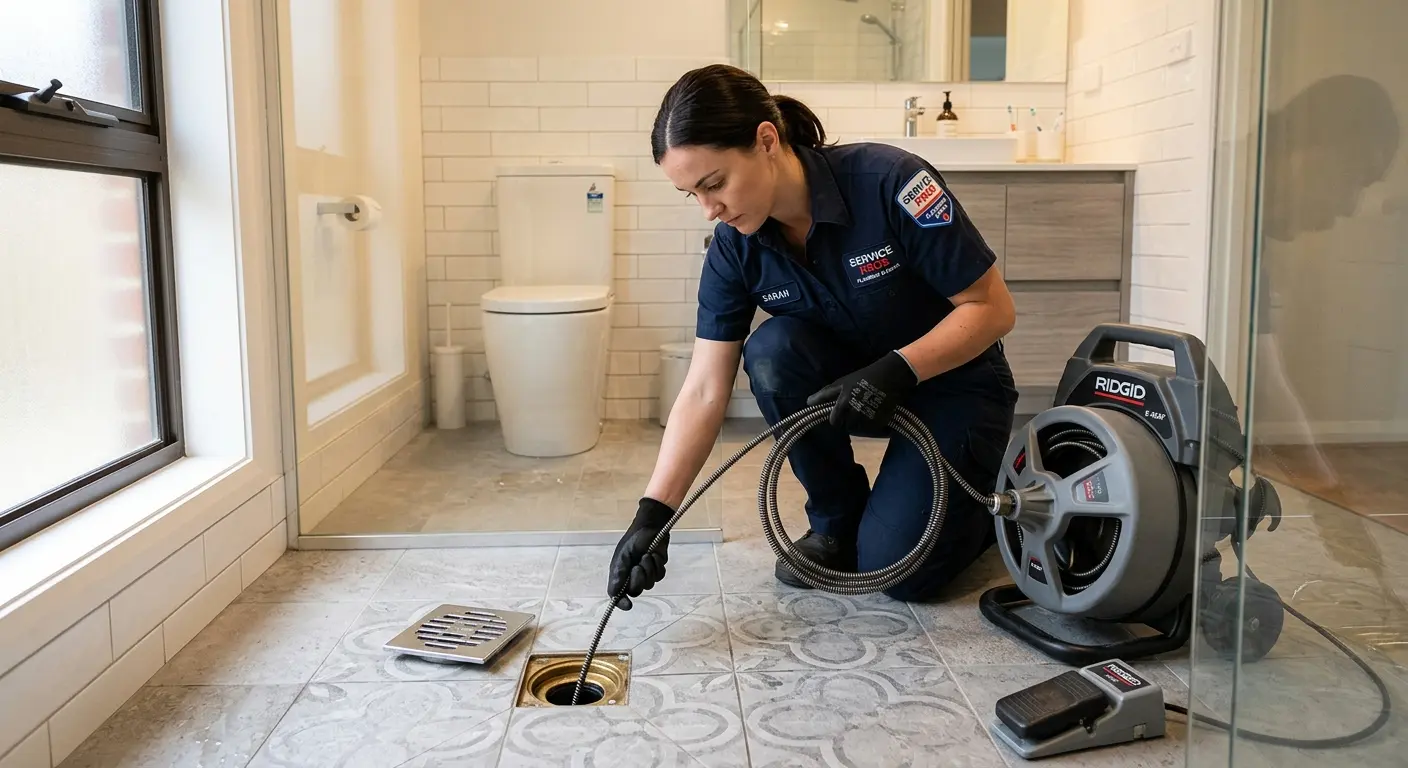Technician clearing a bathroom floor drain for Drain Repair in Burrillville